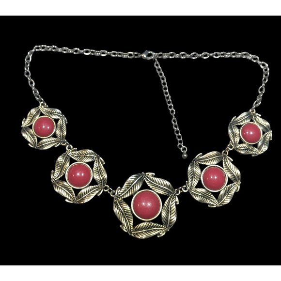 Floral Red And Gold Medallion Link Statement Necklace - Picture 1 of 5